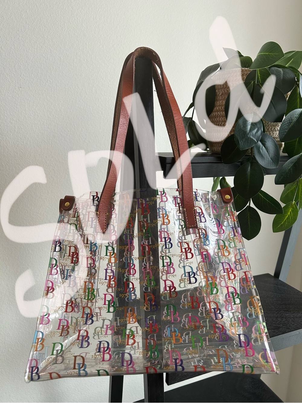 Dooney and Bourke Monogram Stadium Clear Tote Bag with Brown Handles - Picture 1 of 7
